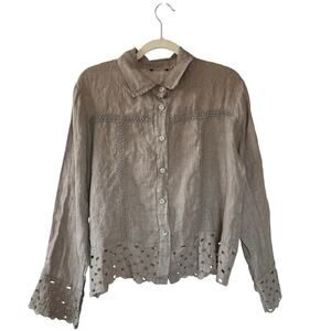 100% Linen Made In Italy Taupe Button Down Shirt Eyelet Embroidery - M/L Earthy